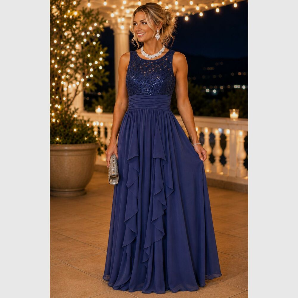 Eliza J Navy Formal Maxi Dress Sz 4 Lace Sequin Bodice Tiered Chiffon EUC